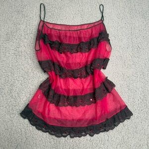 Vintage pink black mesh lace beaded camisole top sheer ruffle lingerie size M L
